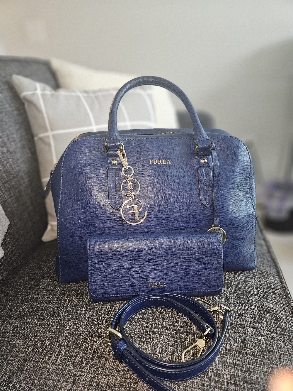 Furla Elena Navy Saffiano Leather Satchel with Wallet